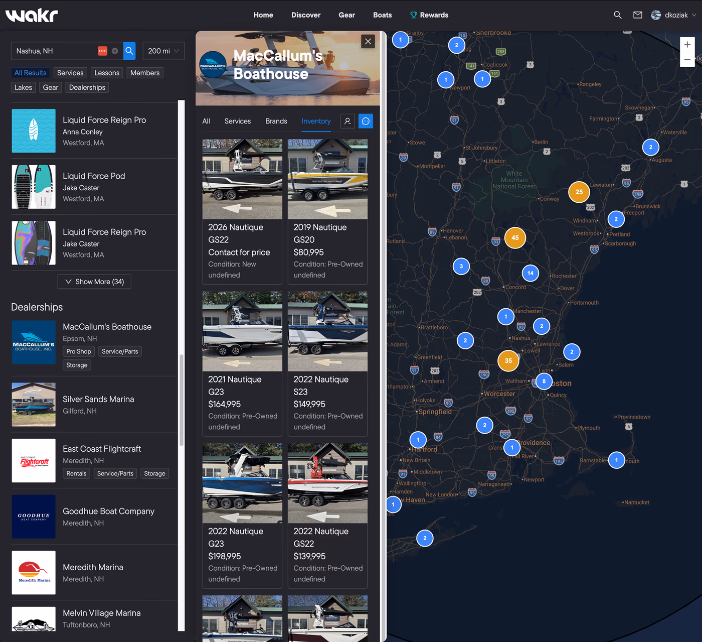 Wakr local discovery map with dealership search results, dealer profile, and inventory preview